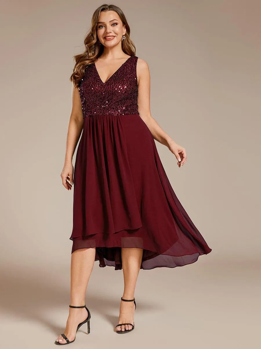 Robe d'invité de mariage élégante en mousseline de soie avec corsage à paillettes et col en V sans manches