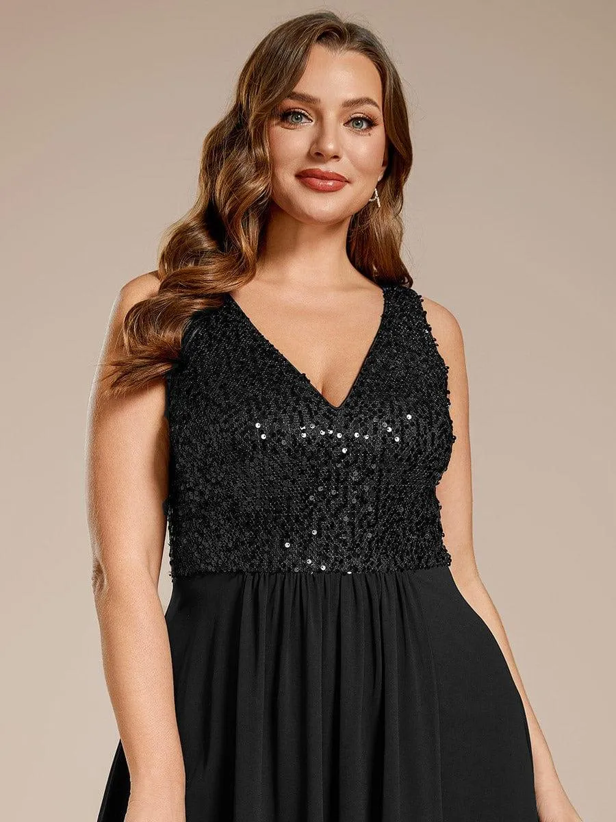 Robe d'invité de mariage élégante en mousseline de soie avec corsage à paillettes et col en V sans manches