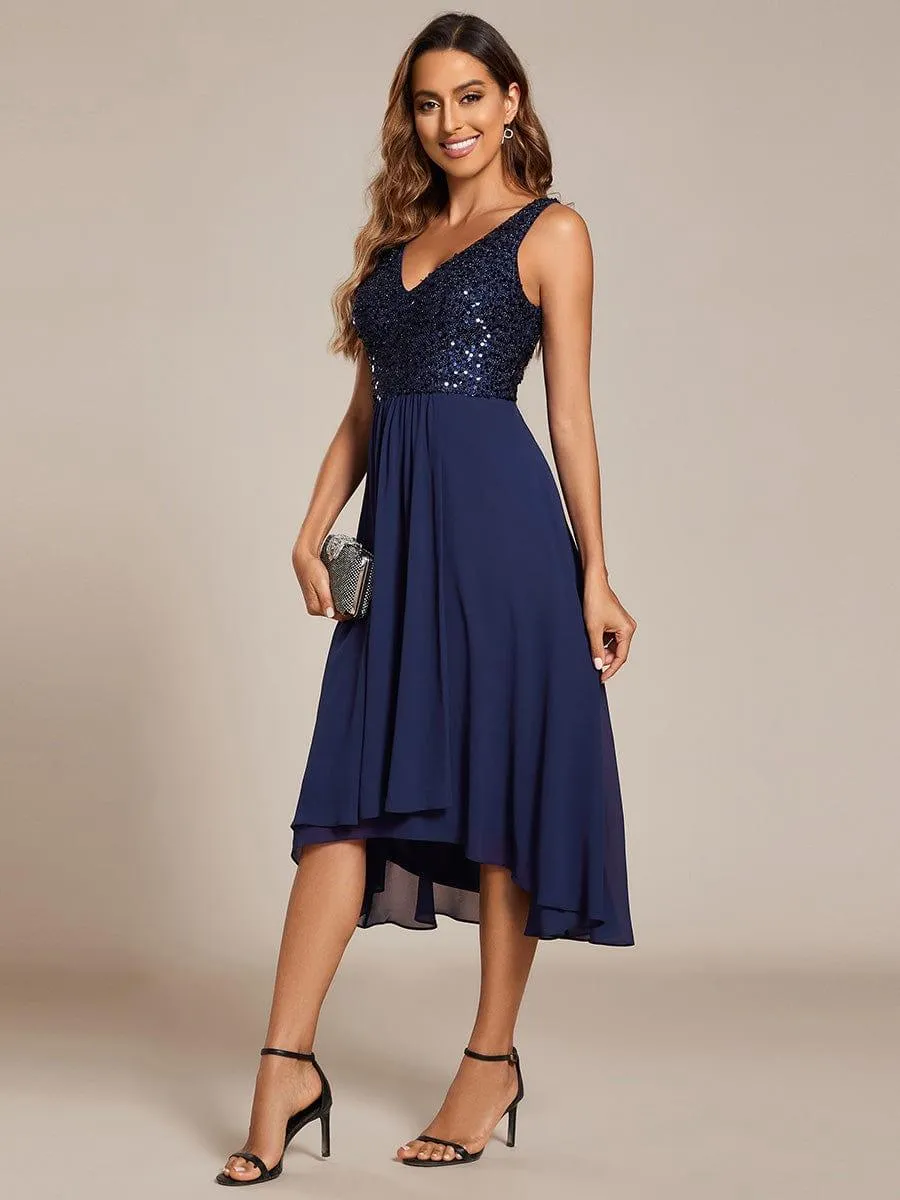 Robe d'invité de mariage élégante en mousseline de soie avec corsage à paillettes et col en V sans manches