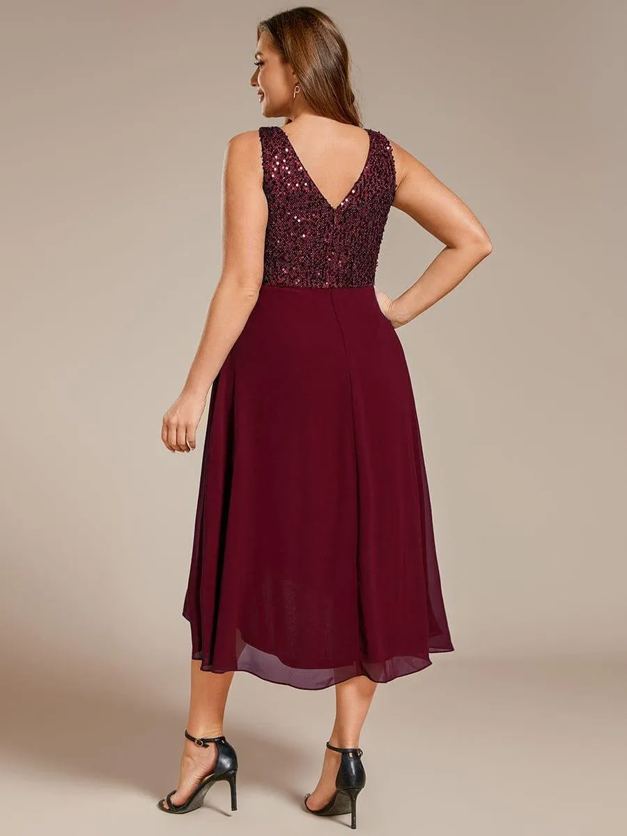 Robe d'invité de mariage élégante en mousseline de soie avec corsage à paillettes et col en V sans manches