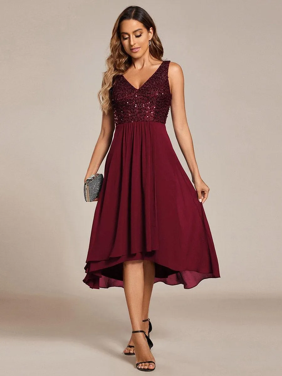 Robe d'invité de mariage élégante en mousseline de soie avec corsage à paillettes et col en V sans manches