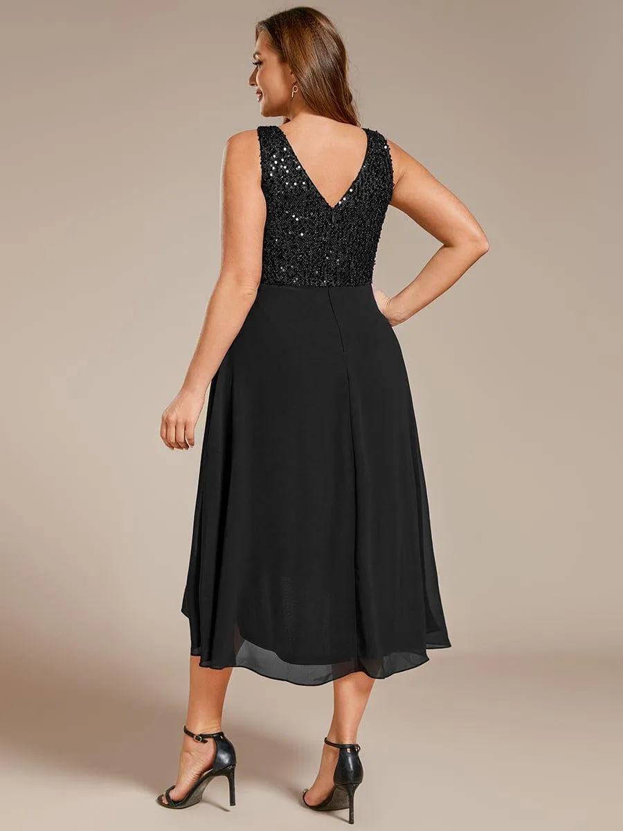 Robe d'invité de mariage élégante en mousseline de soie avec corsage à paillettes et col en V sans manches