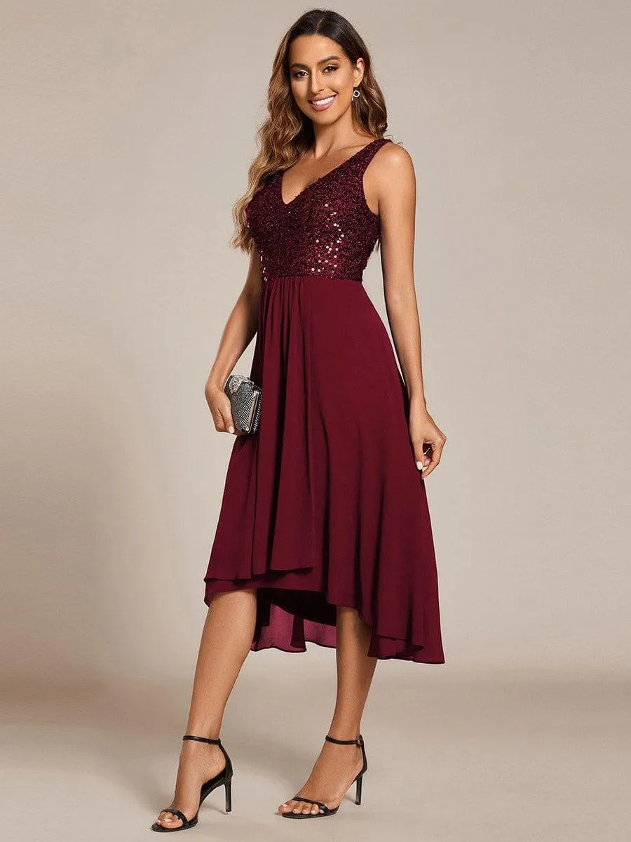 Robe d'invité de mariage élégante en mousseline de soie avec corsage à paillettes et col en V sans manches