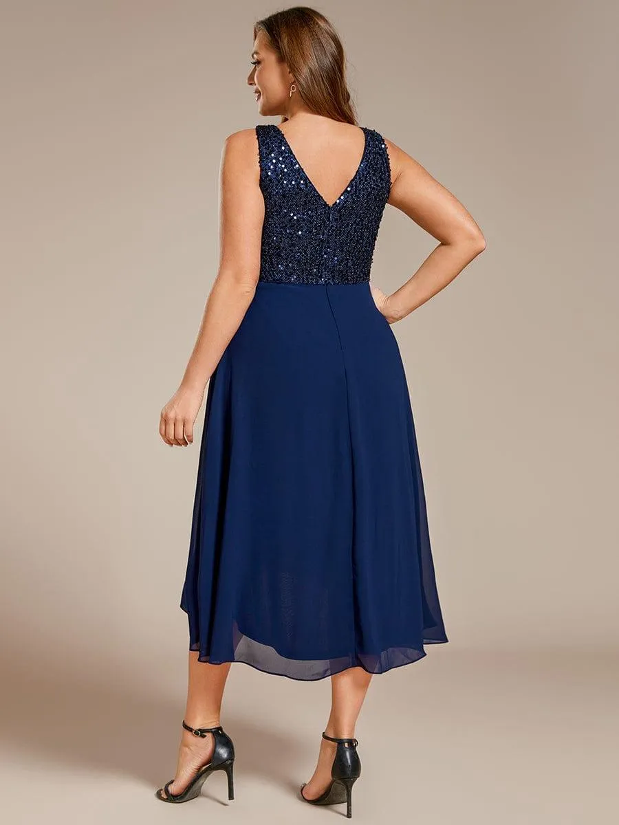 Robe d'invité de mariage élégante en mousseline de soie avec corsage à paillettes et col en V sans manches