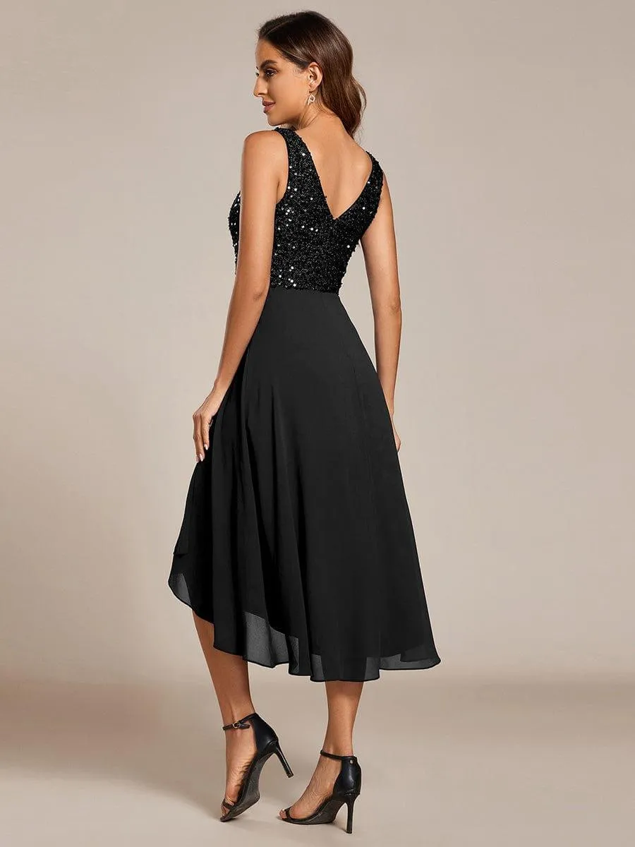 Robe d'invité de mariage élégante en mousseline de soie avec corsage à paillettes et col en V sans manches