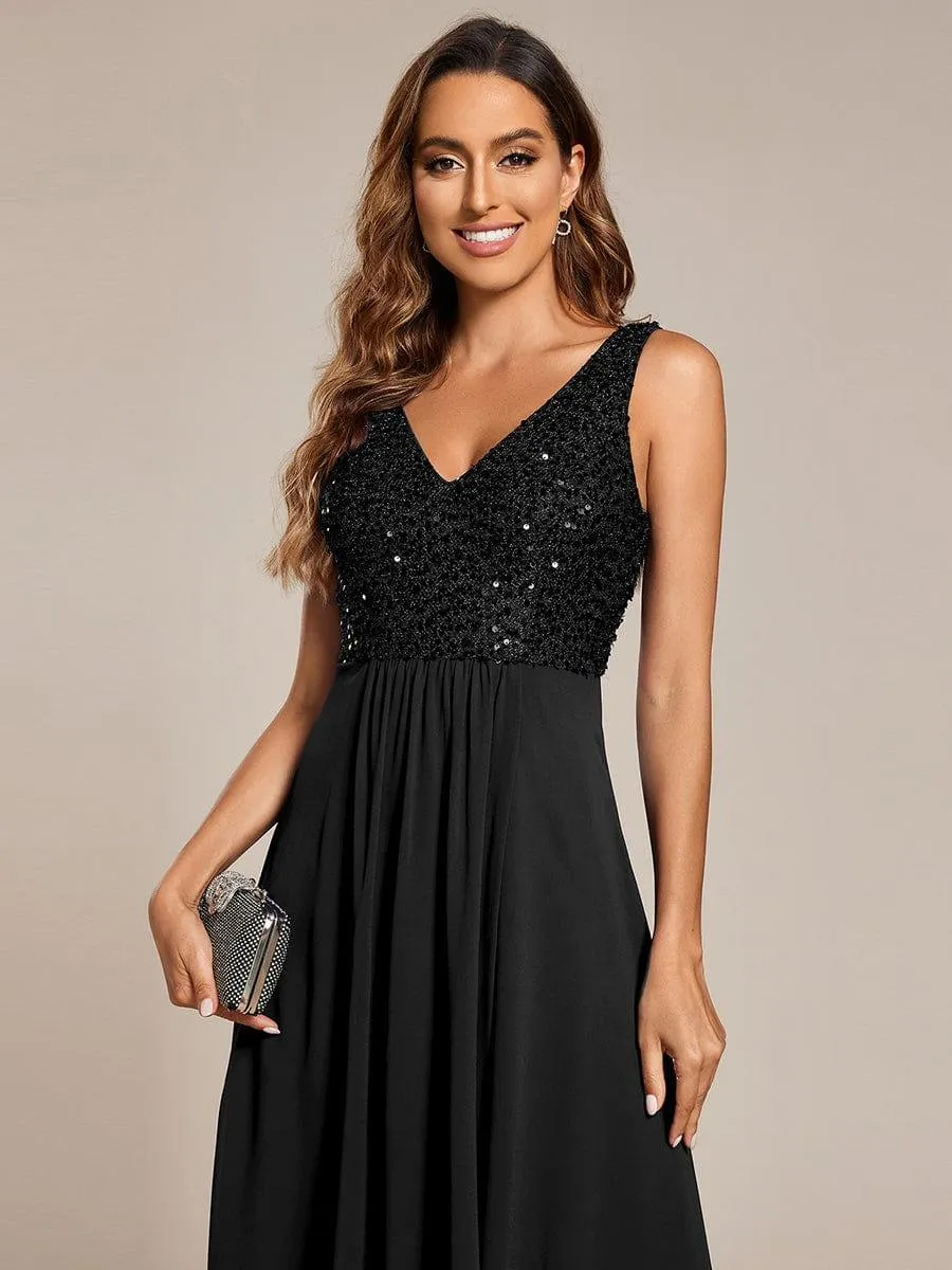 Robe d'invité de mariage élégante en mousseline de soie avec corsage à paillettes et col en V sans manches