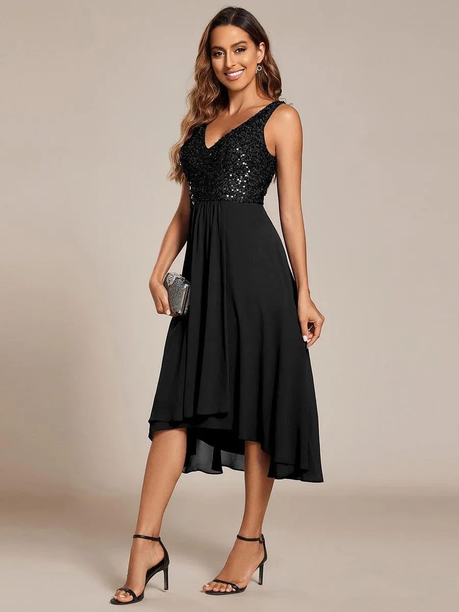 Robe d'invité de mariage élégante en mousseline de soie avec corsage à paillettes et col en V sans manches