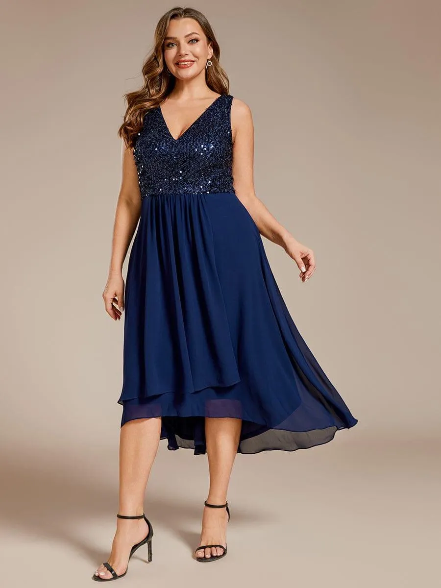 Robe d'invité de mariage élégante en mousseline de soie avec corsage à paillettes et col en V sans manches