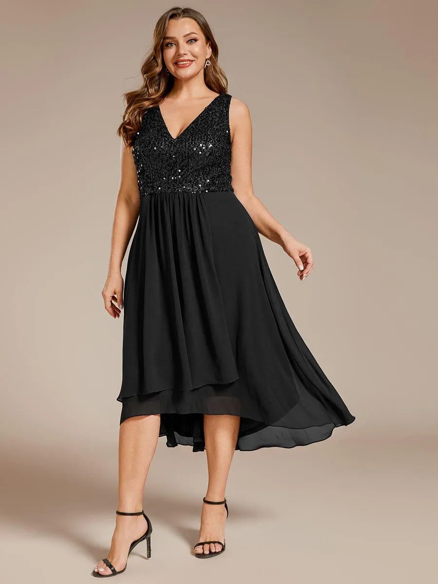 Robe d'invité de mariage élégante en mousseline de soie avec corsage à paillettes et col en V sans manches