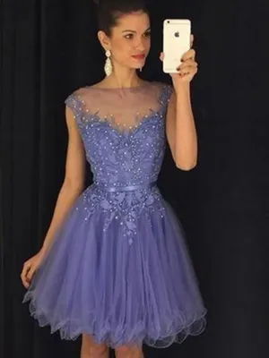 Round Neck A Line Lace Short Lavender Prom Dress, Short Purple Formal/Homecoming/Graduation Dress