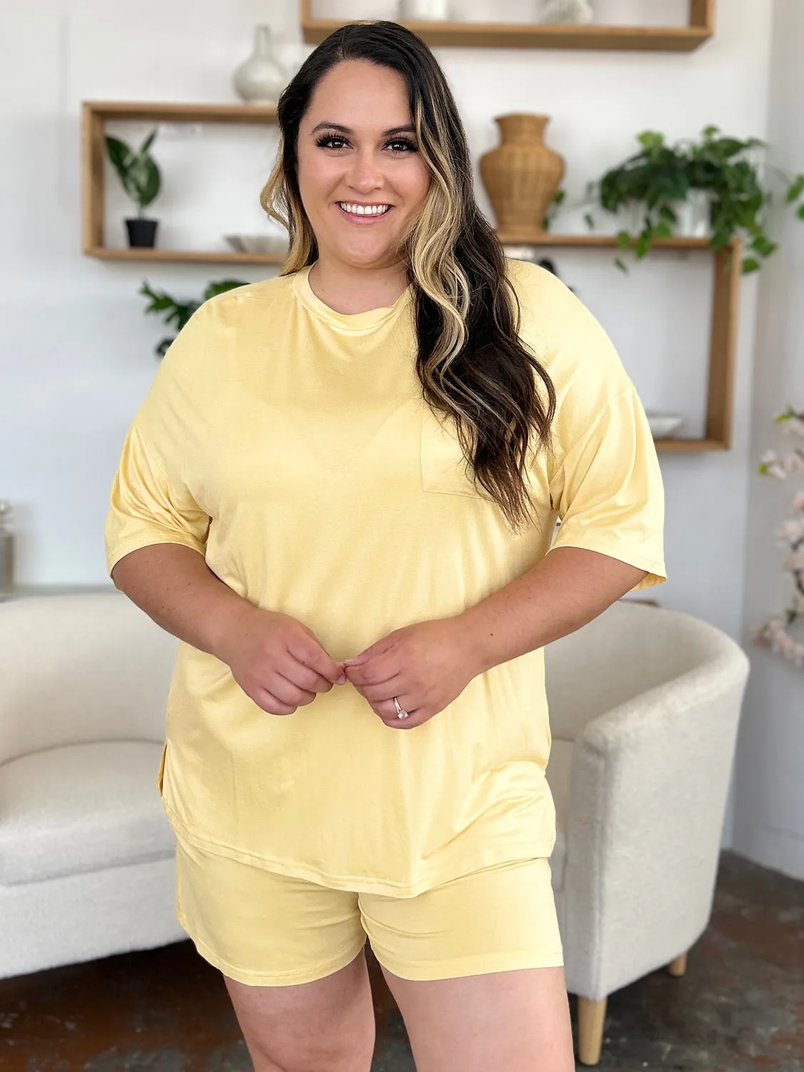 Round Neck Drop Shoulder T-Shirt and Shorts Set
