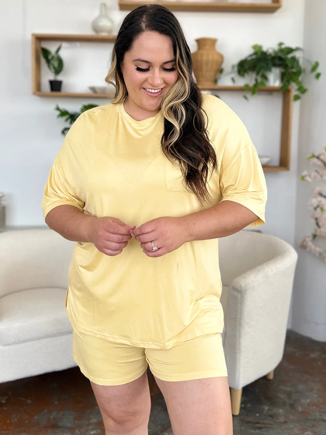 Round Neck Drop Shoulder T-Shirt and Shorts Set