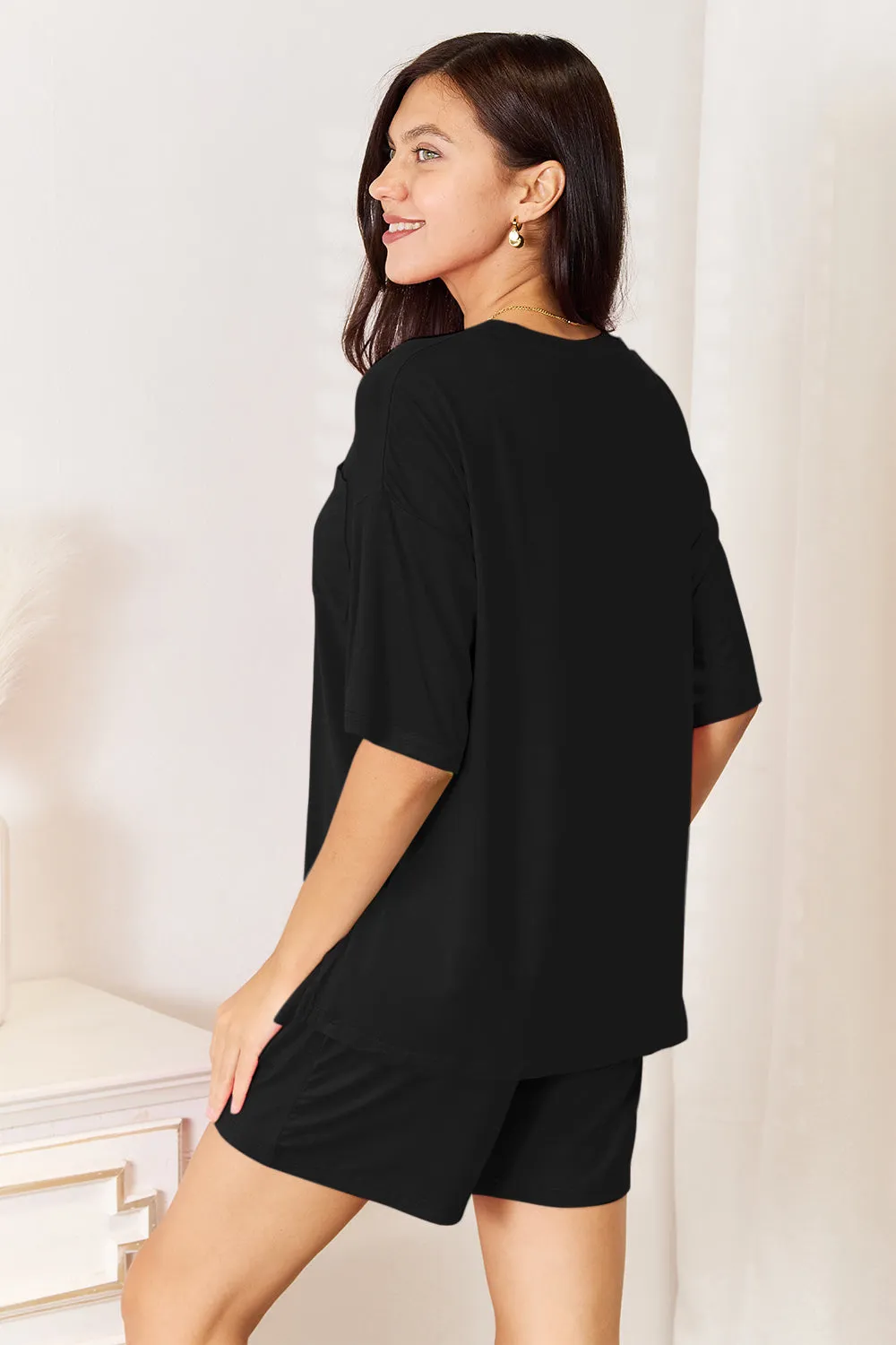 Round Neck Drop Shoulder T-Shirt and Shorts Set