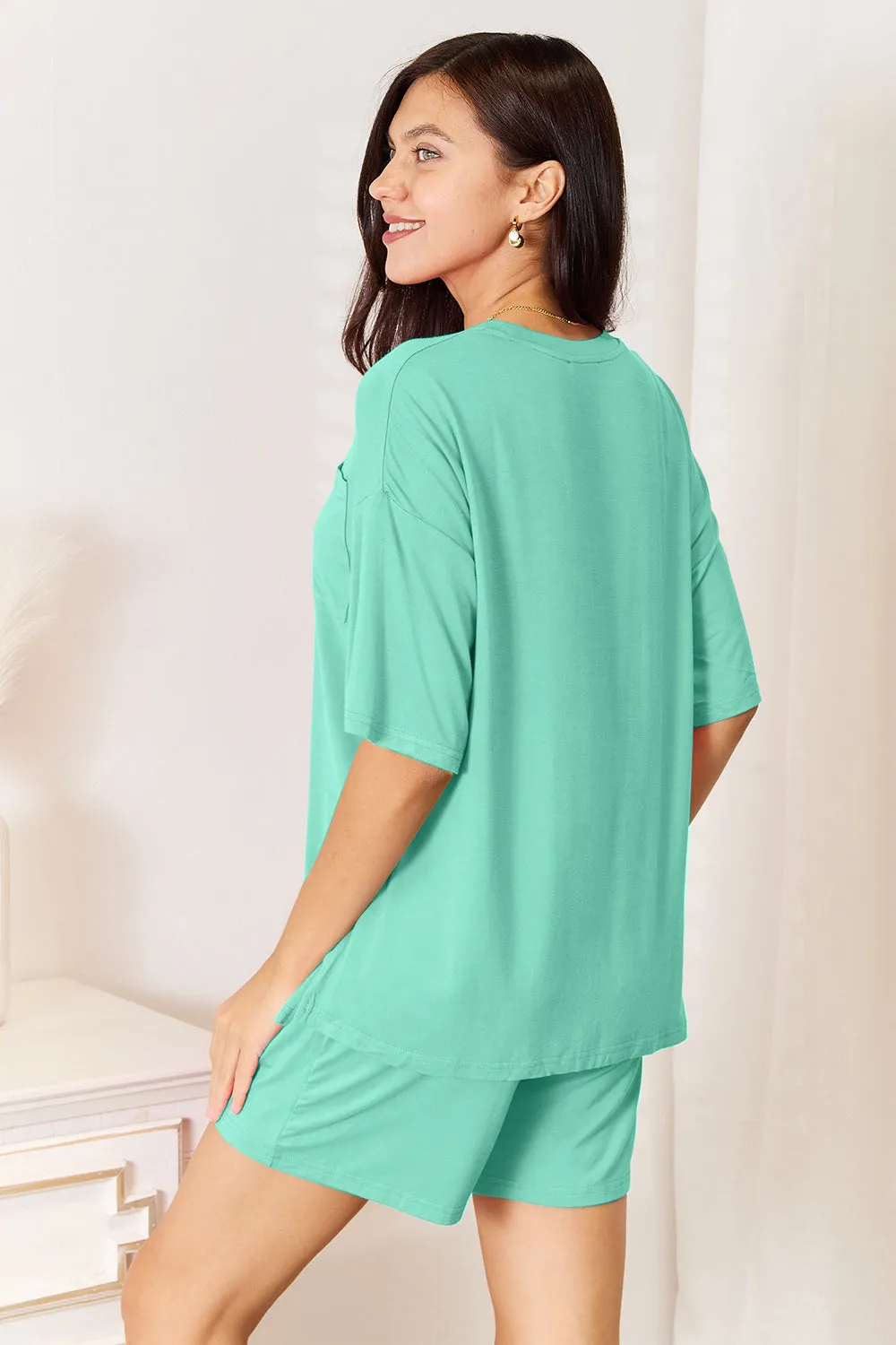 Round Neck Drop Shoulder T-Shirt and Shorts Set