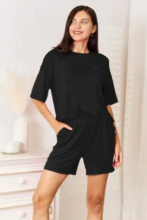 Round Neck Drop Shoulder T-Shirt and Shorts Set