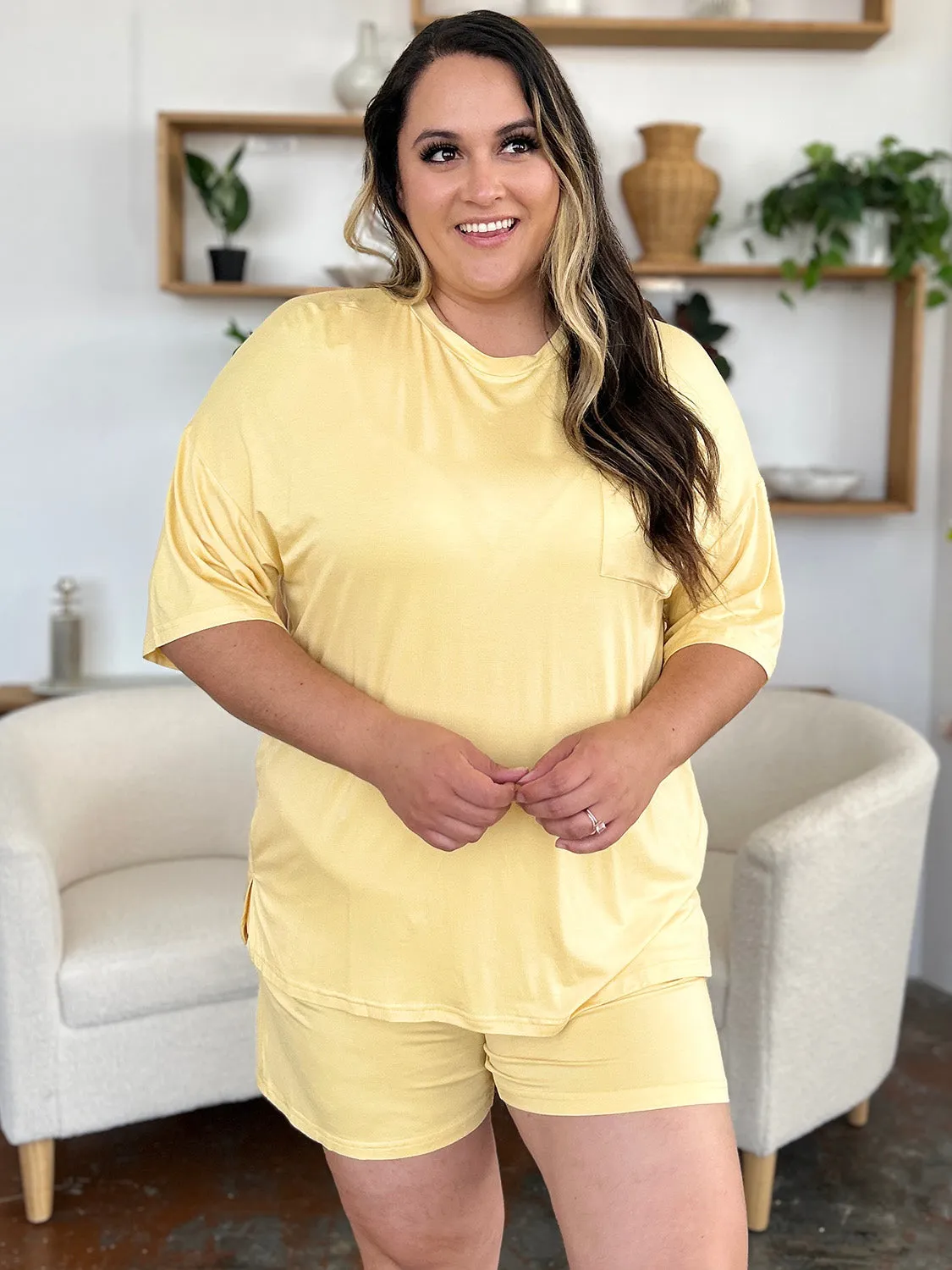 Round Neck Drop Shoulder T-Shirt and Shorts Set