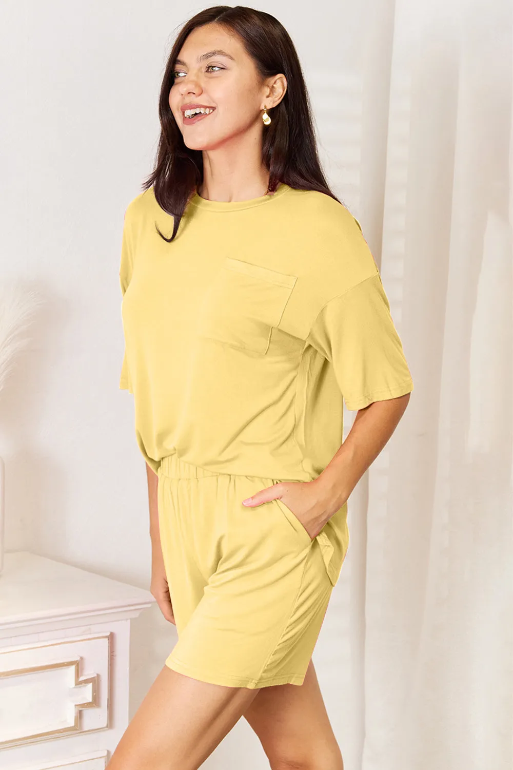 Round Neck Drop Shoulder T-Shirt and Shorts Set