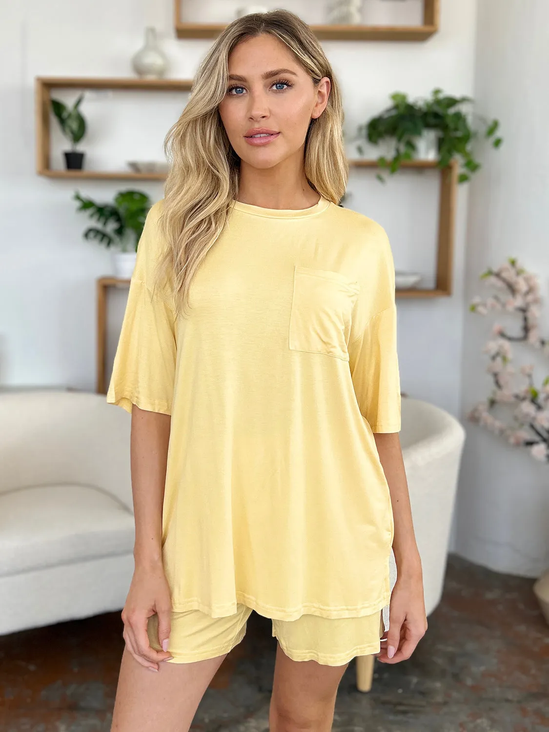 Round Neck Drop Shoulder T-Shirt and Shorts Set