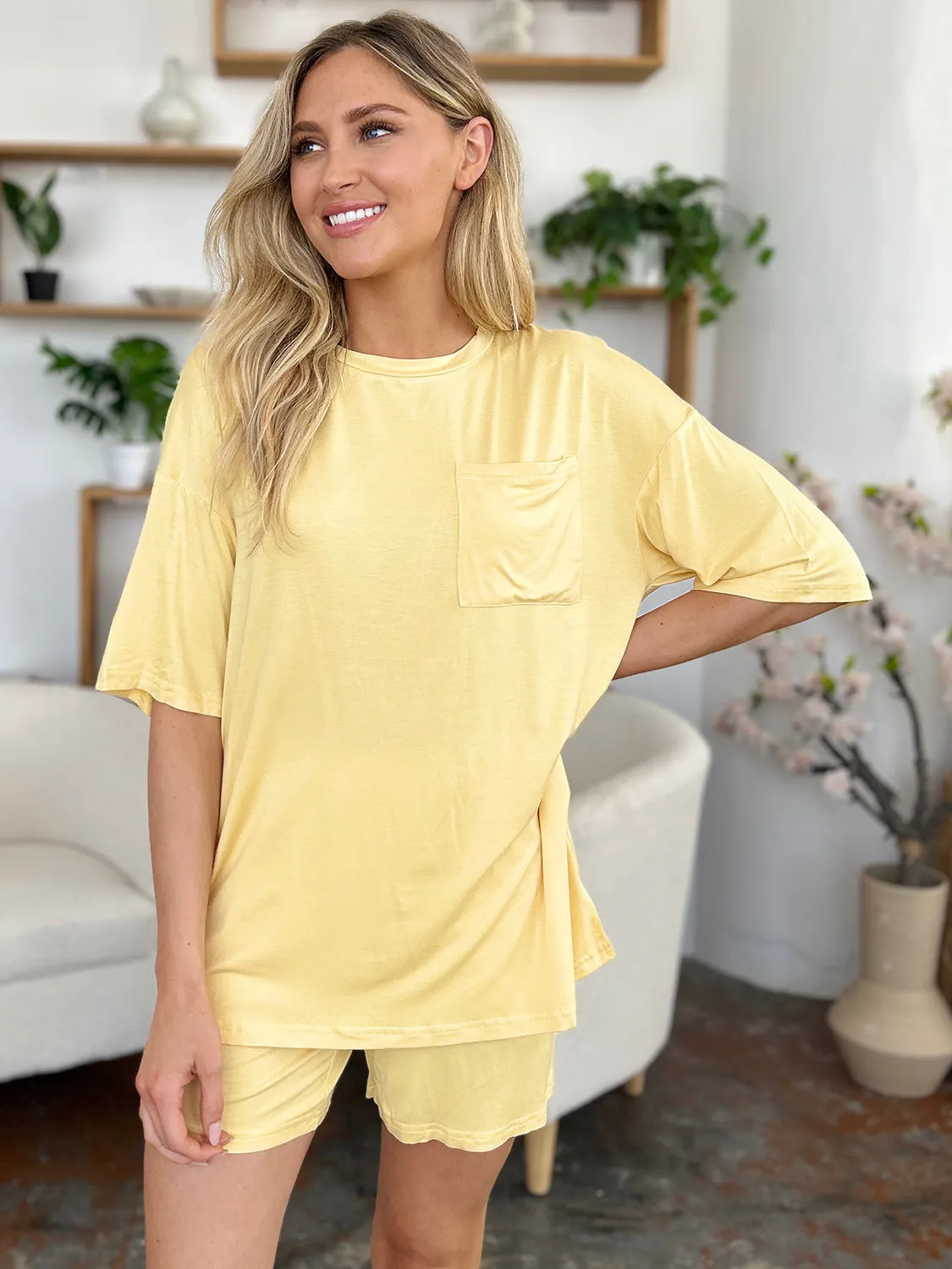 Round Neck Drop Shoulder T-Shirt and Shorts Set