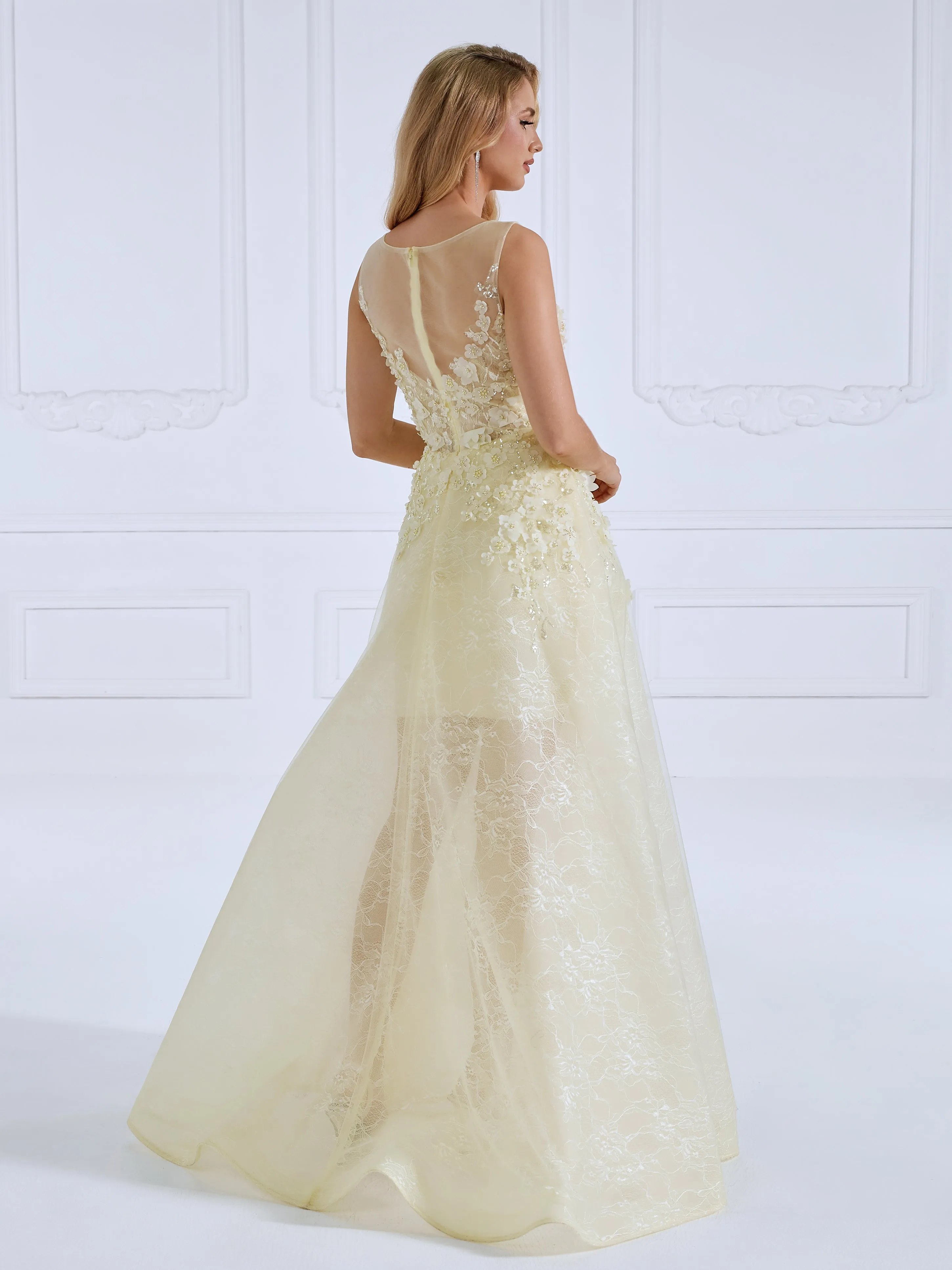 Round Neck Floor-Length Tulle Yellow Prom Dresses With Appliques Lace Beads #18629