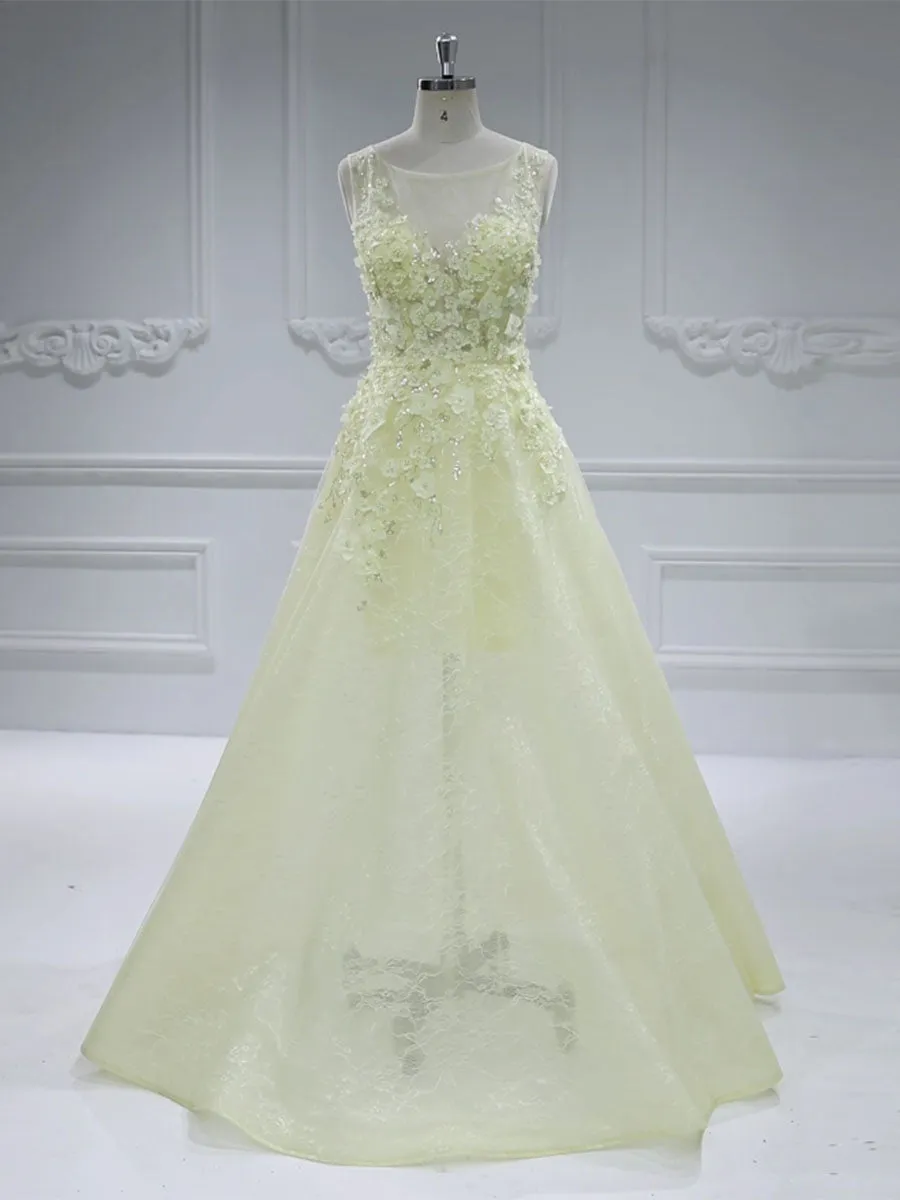 Round Neck Floor-Length Tulle Yellow Prom Dresses With Appliques Lace Beads #18629