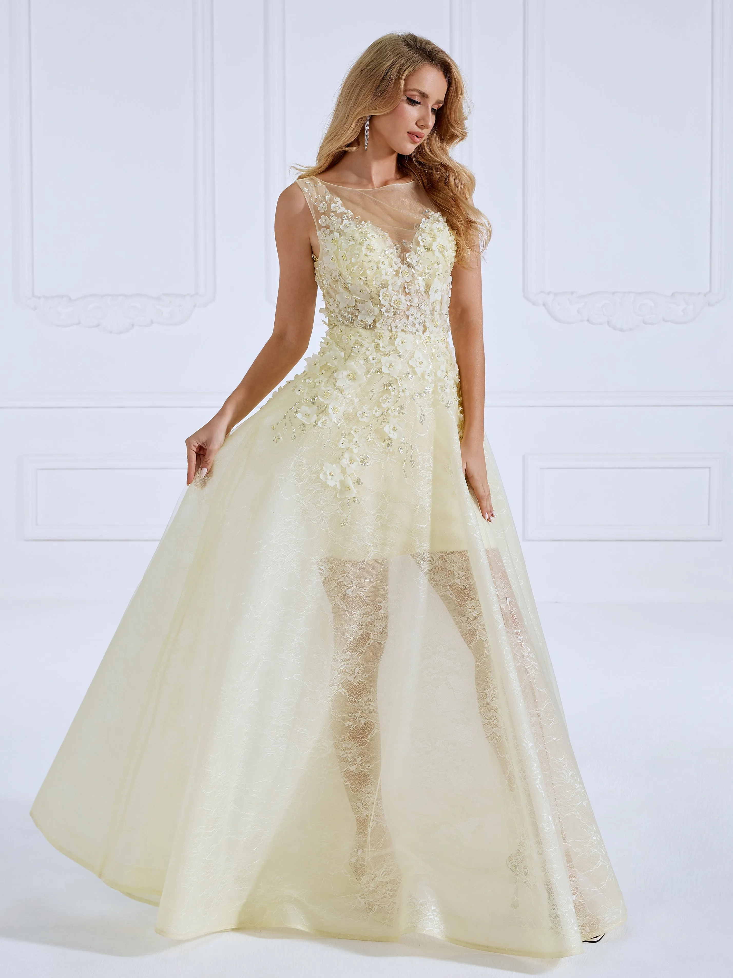Round Neck Floor-Length Tulle Yellow Prom Dresses With Appliques Lace Beads #18629
