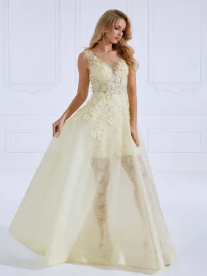 Round Neck Floor-Length Tulle Yellow Prom Dresses With Appliques Lace Beads #18629