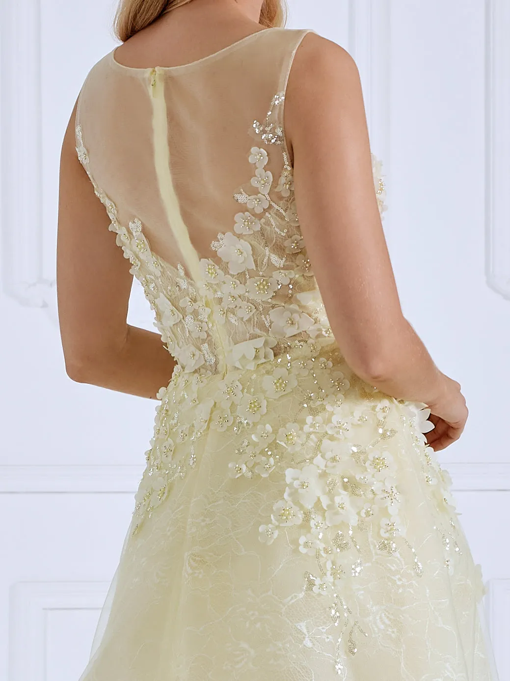 Round Neck Floor-Length Tulle Yellow Prom Dresses With Appliques Lace Beads #18629