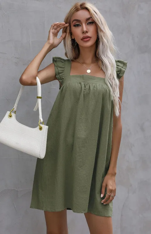 Ruffle Vest Short Dress with Square Neckline