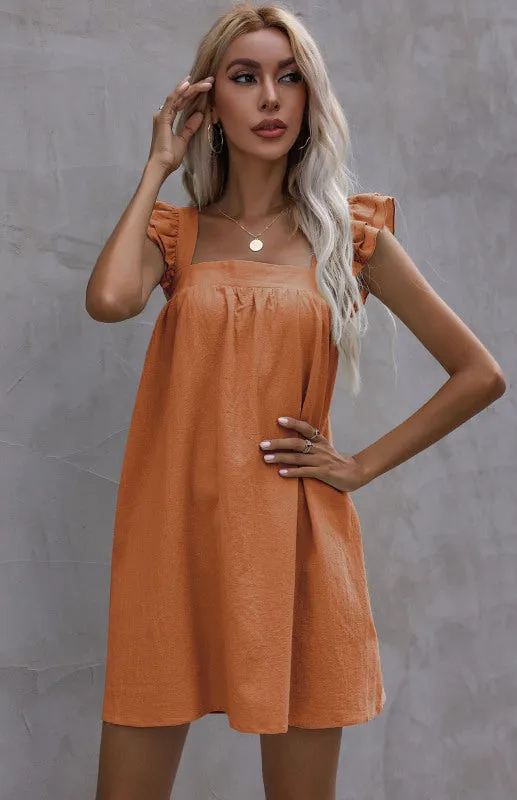 Ruffle Vest Short Dress with Square Neckline