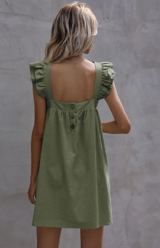 Ruffle Vest Short Dress with Square Neckline