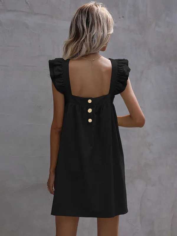 Ruffle Vest Short Dress with Square Neckline