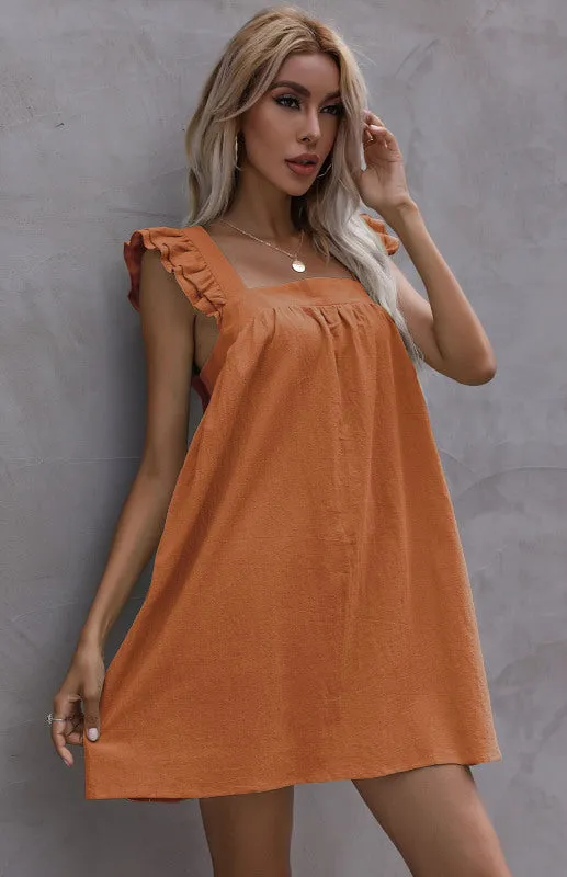 Ruffle Vest Short Dress with Square Neckline