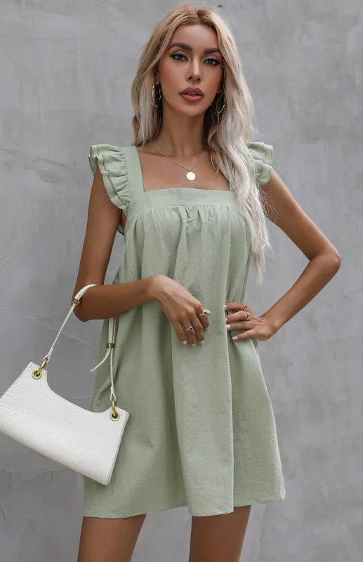 Ruffle Vest Short Dress with Square Neckline