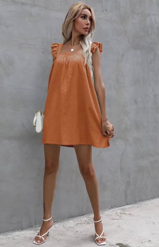 Ruffle Vest Short Dress with Square Neckline