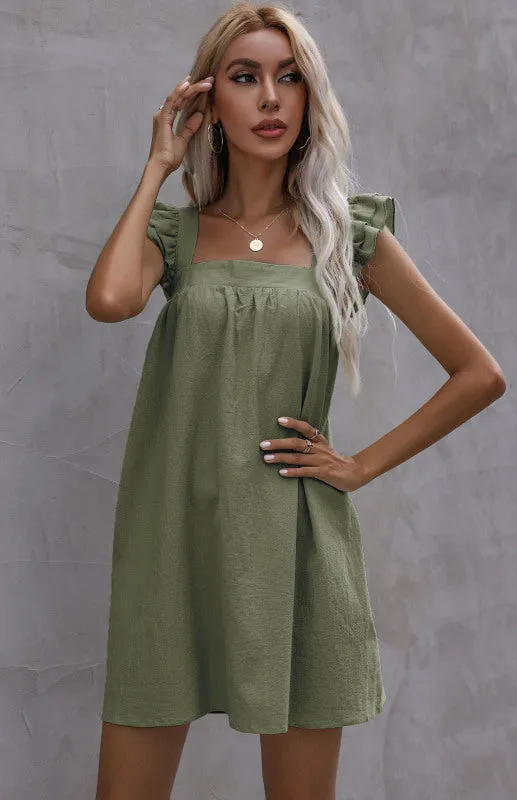 Ruffle Vest Short Dress with Square Neckline