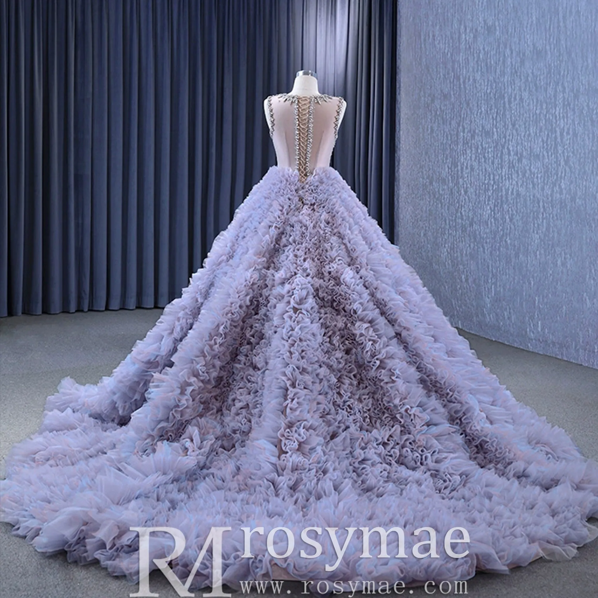 Ruffled Ball Gown High Sheer Neck Wedding Dress with Rhinestone Bodice