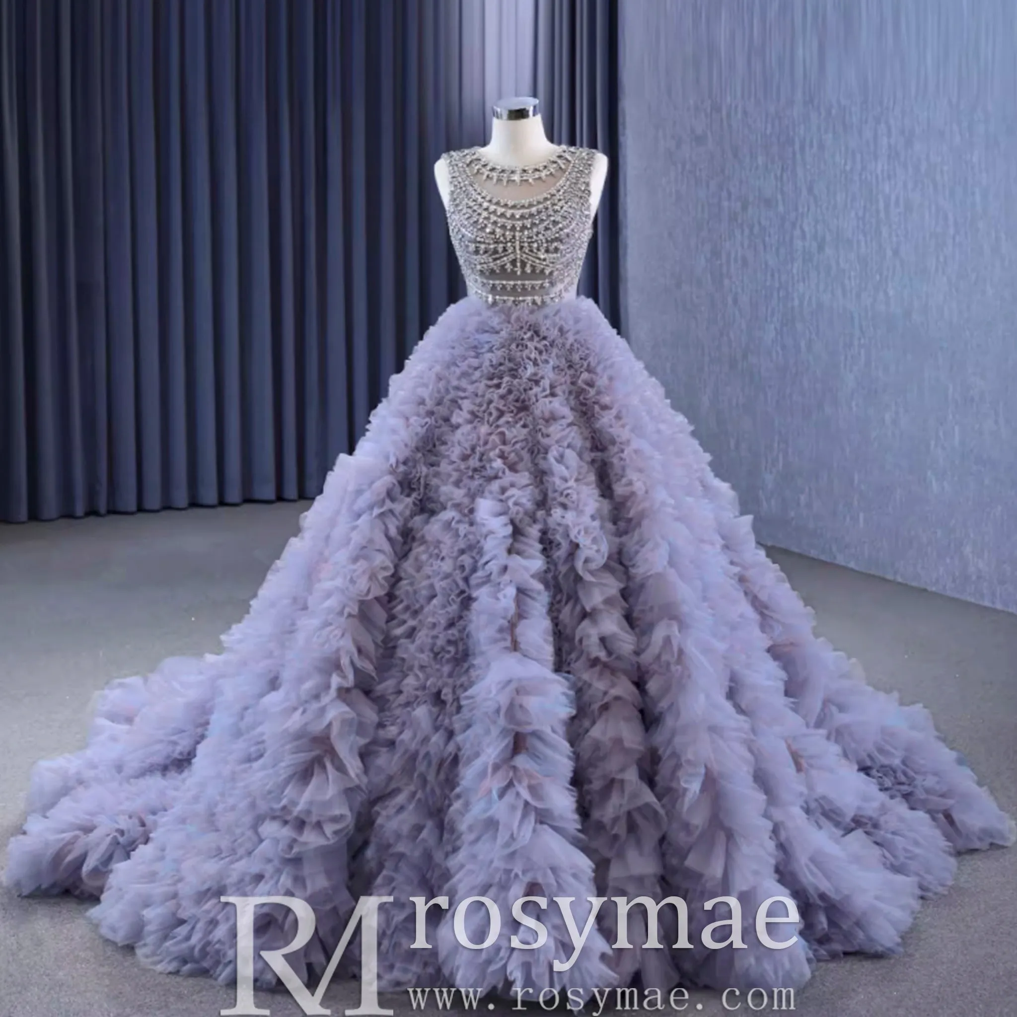 Ruffled Ball Gown High Sheer Neck Wedding Dress with Rhinestone Bodice