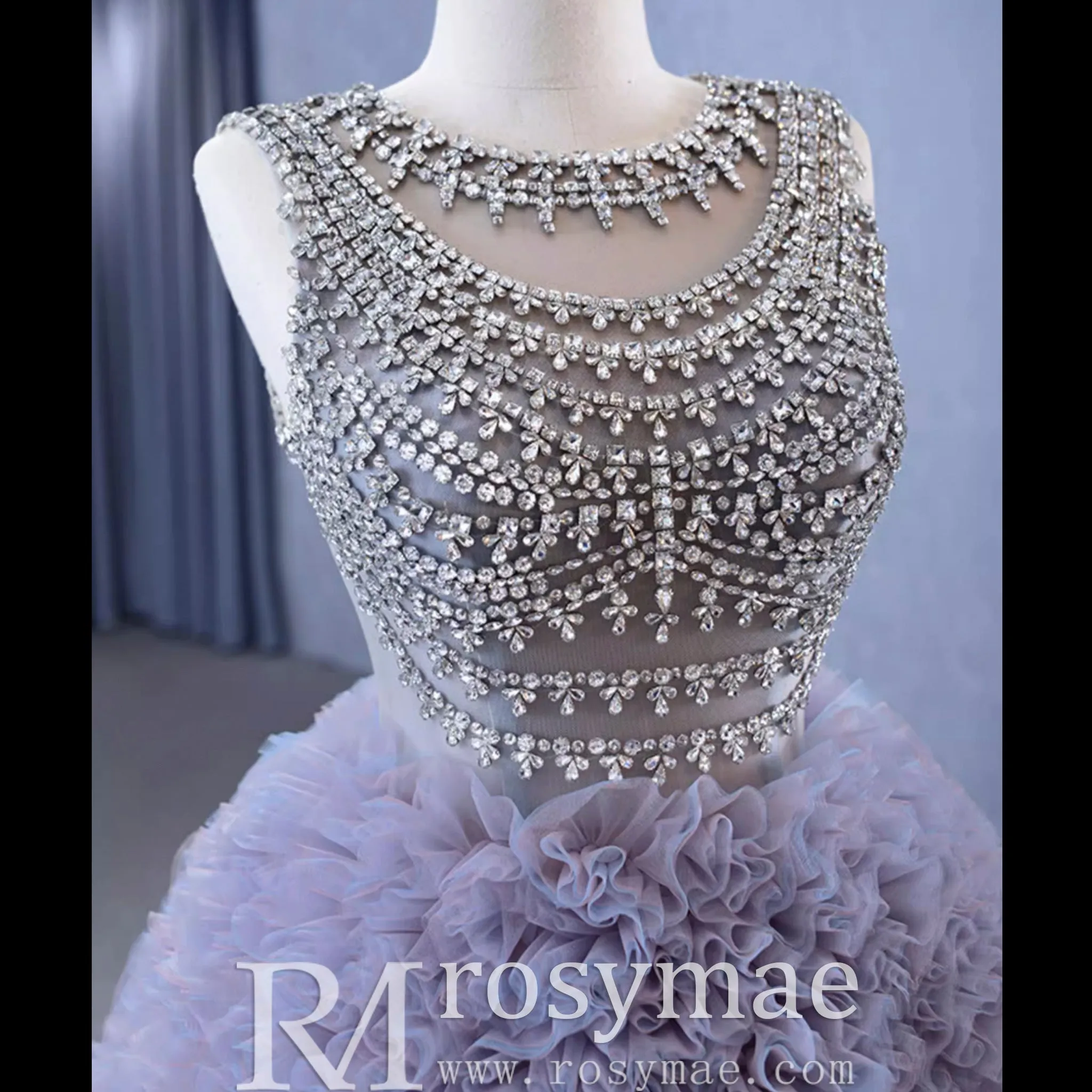 Ruffled Ball Gown High Sheer Neck Wedding Dress with Rhinestone Bodice