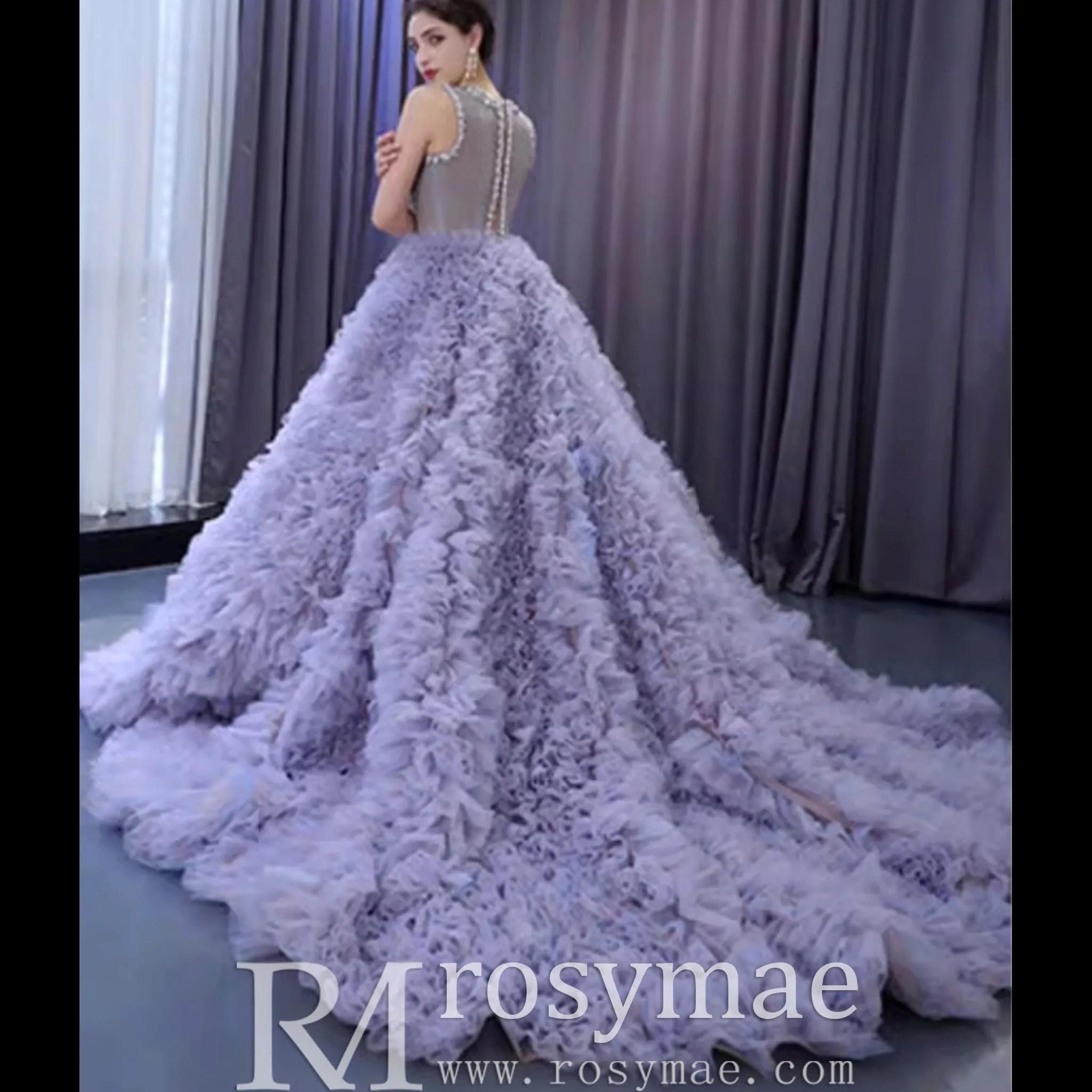 Ruffled Ball Gown High Sheer Neck Wedding Dress with Rhinestone Bodice