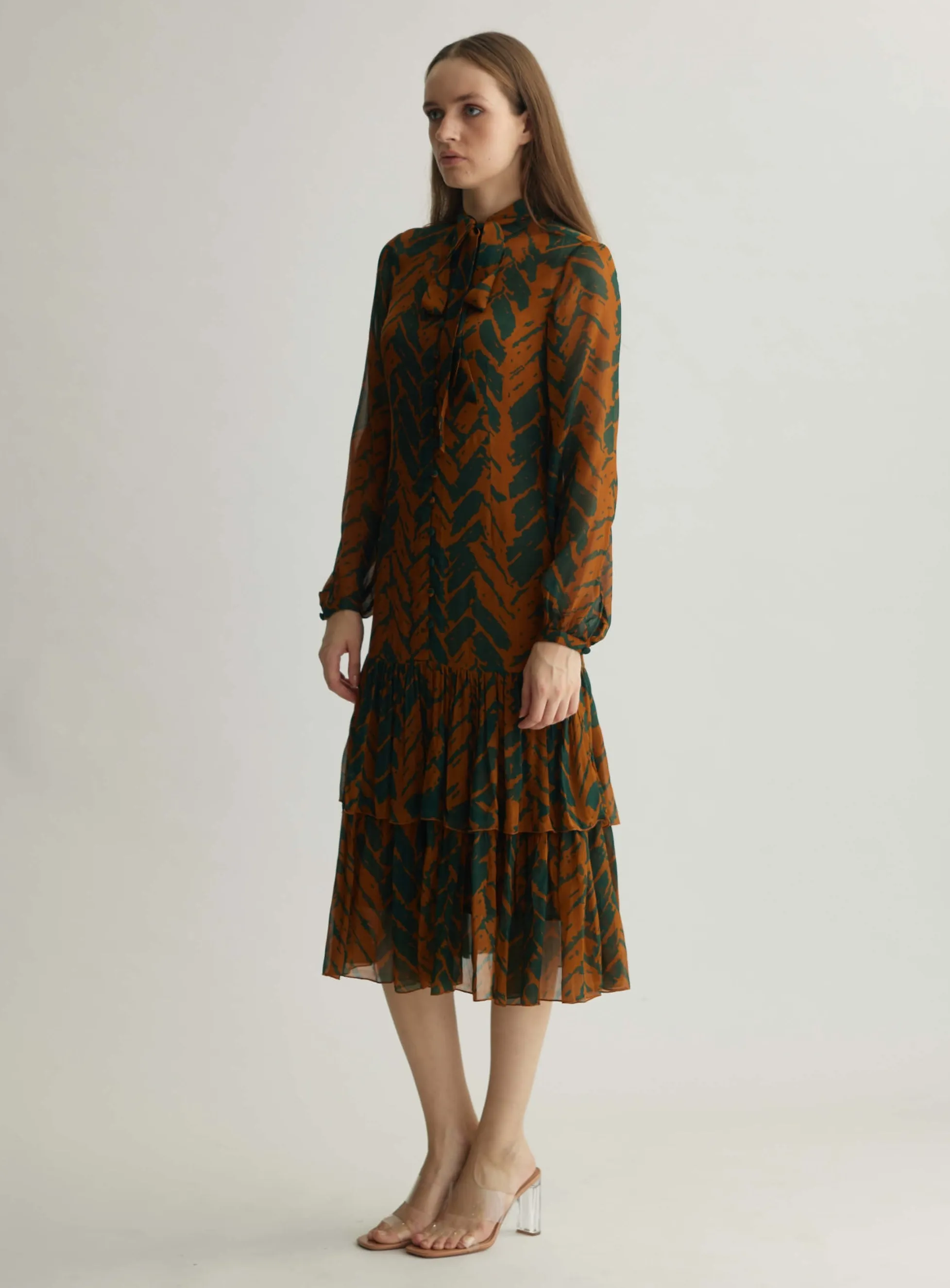Rust and green chevron print midi dress
