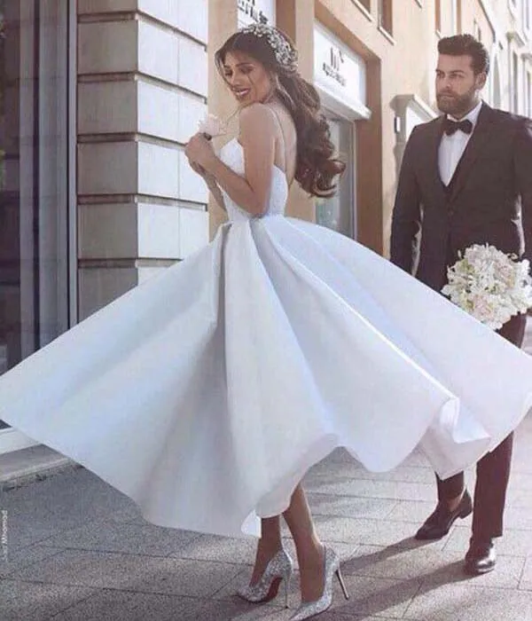 Satin A-line Spaghetti Straps Appliqued Short Princess Wedding Dresses, SW455