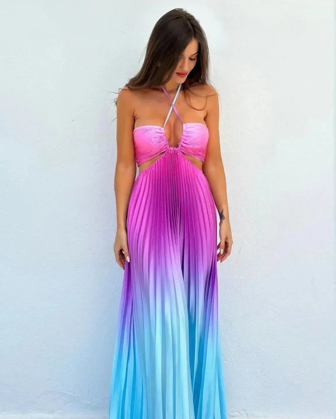 Satin Gradient Pleated Sleeveless Maxi Dress