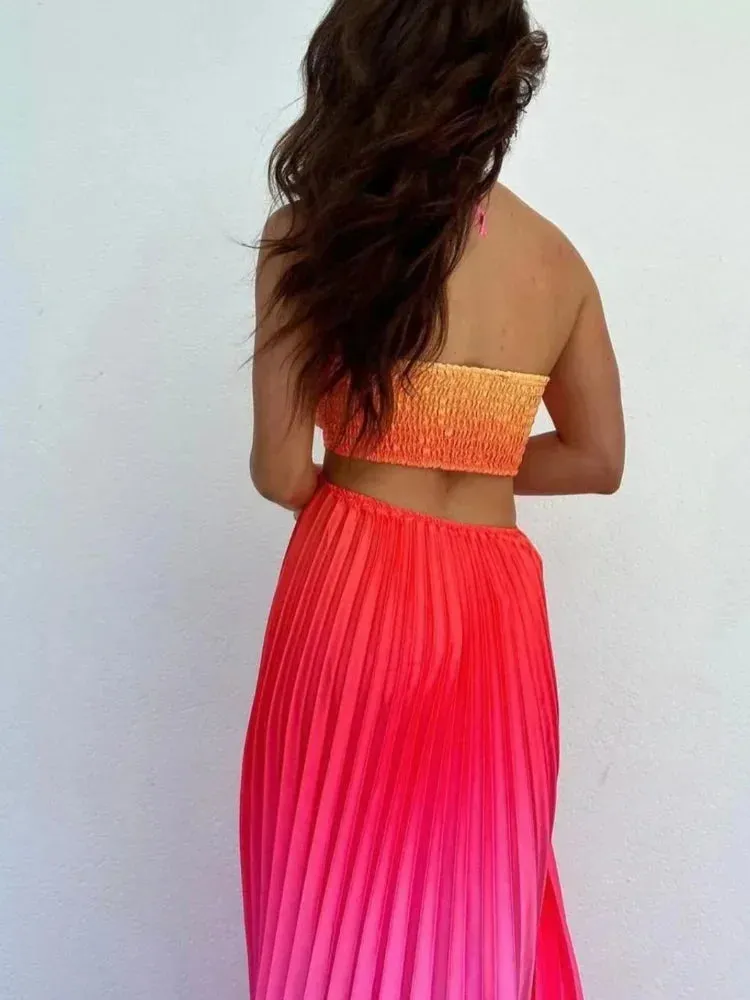 Satin Gradient Pleated Sleeveless Maxi Dress