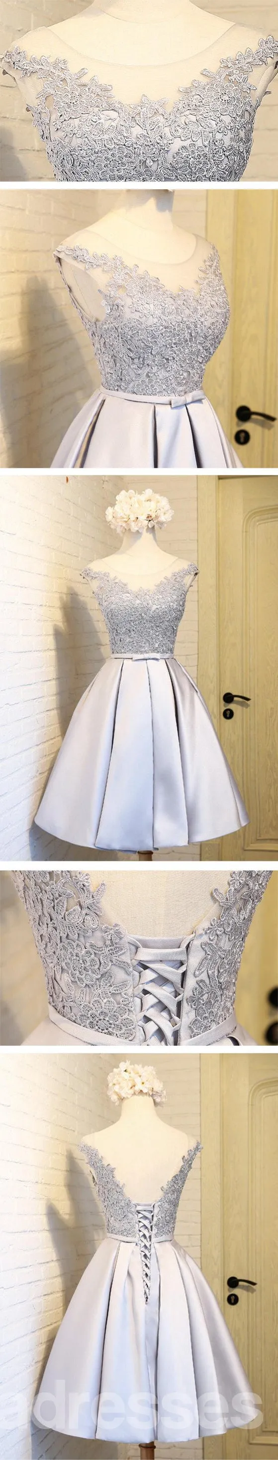 Scoop Neckline Two Straps Gray Lace Beaded Homecoming Prom Dresses, Affordable Short Party Prom Dresses, Perfect Homecoming Dresses, CM289