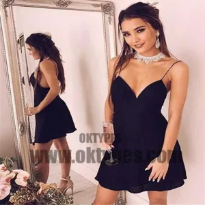 Sexy Backless Spaghetti Straps Black Short Homecoming Dresses Under 100, TYP0615