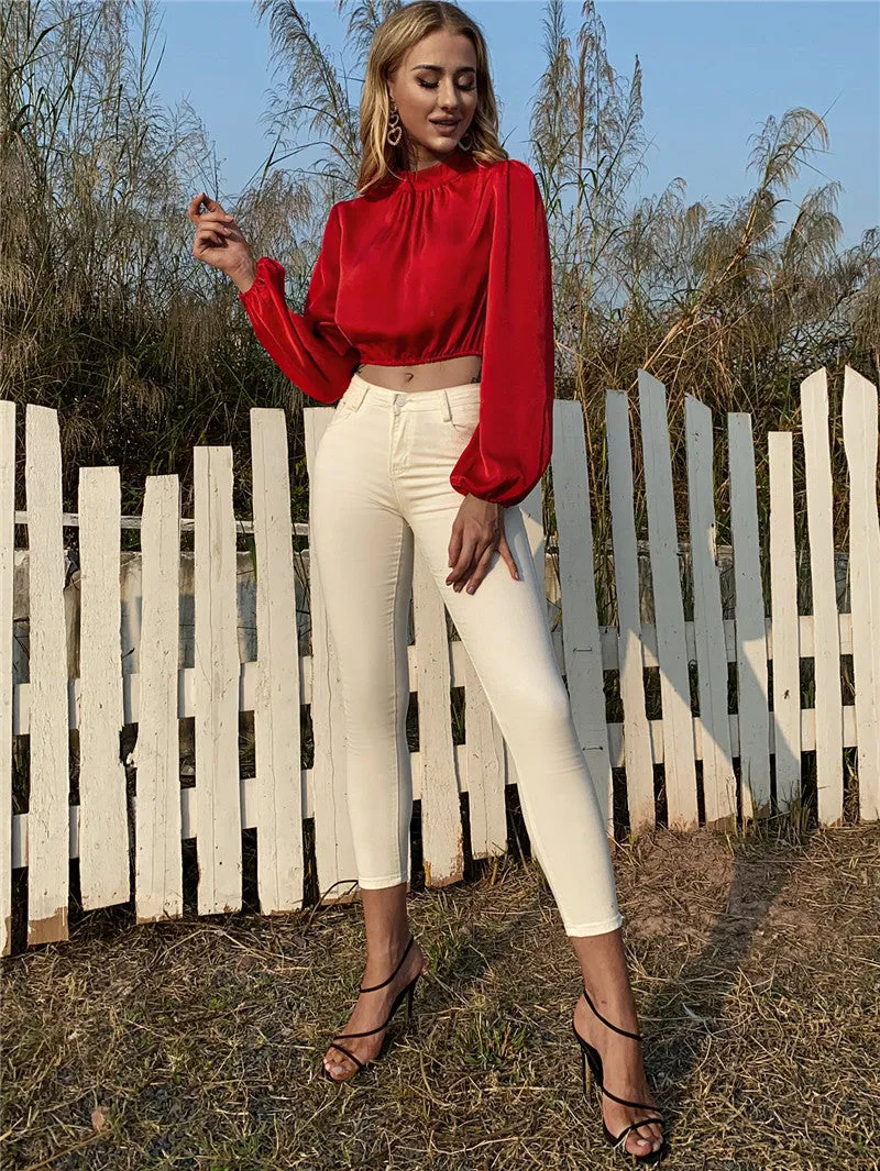 Sexy Bishop Long Sleeves Red Crop Top
