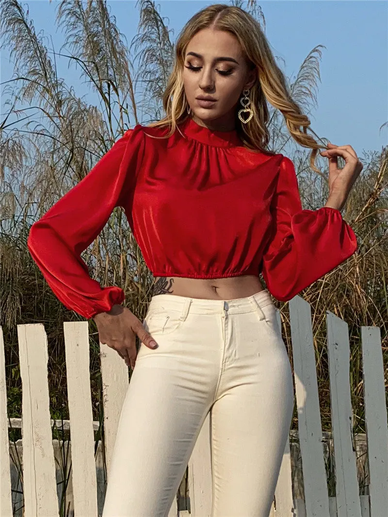 Sexy Bishop Long Sleeves Red Crop Top