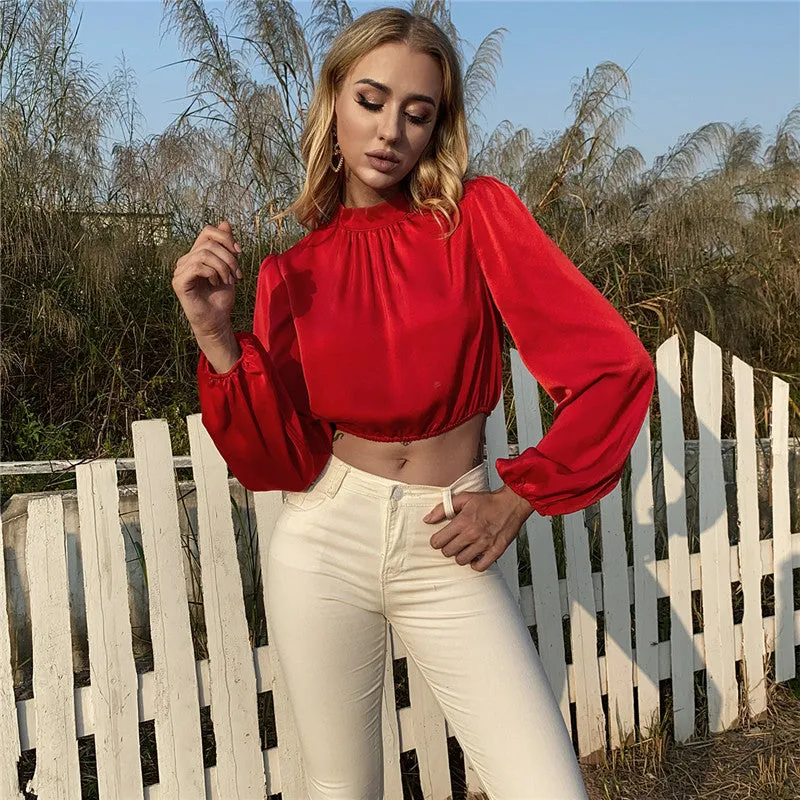 Sexy Bishop Long Sleeves Red Crop Top