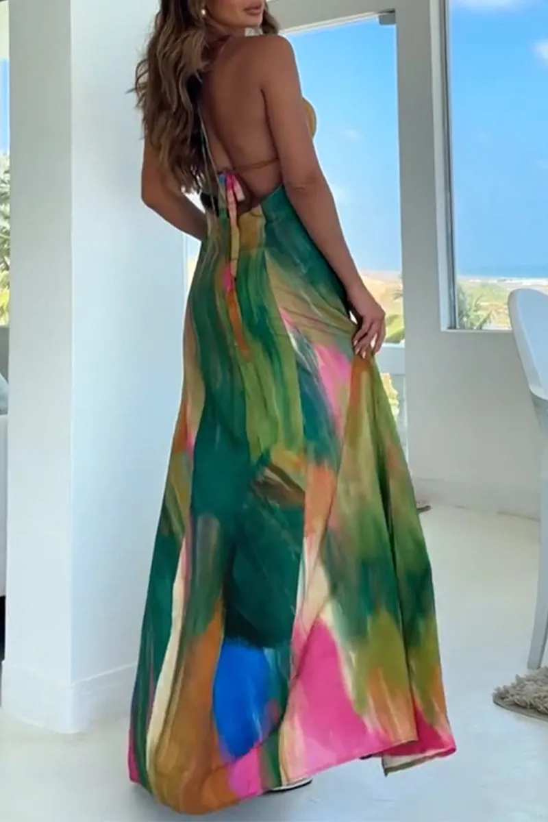 Sexy Gradient Backless Strap Design Halter Dresses